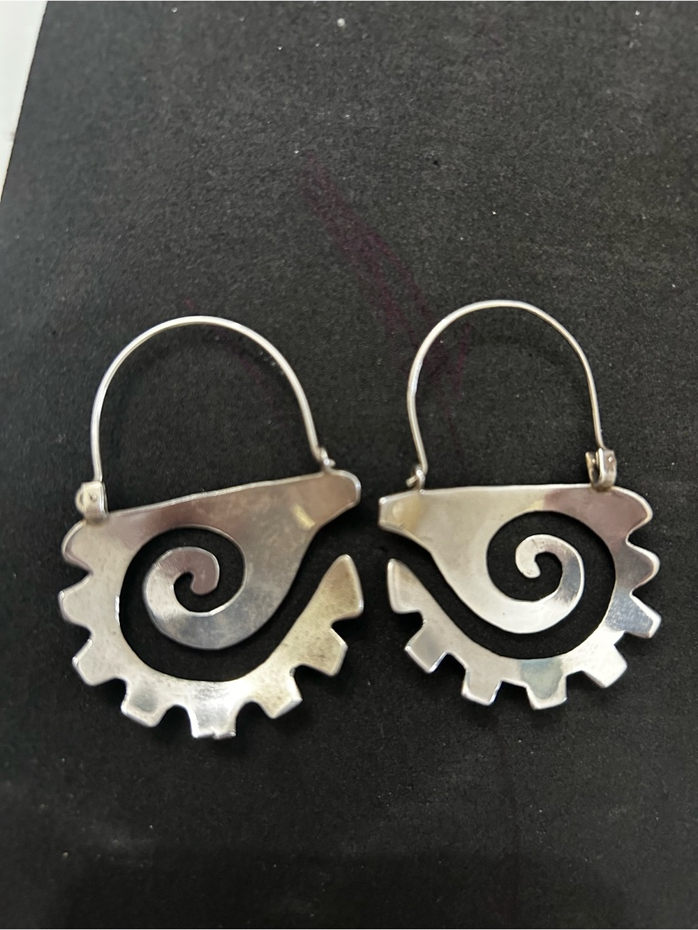 Vintage Tribal Ethnic Glyph Sterling Silver Spiral Gear Drop Earrings - Women - Picture 3 of 4